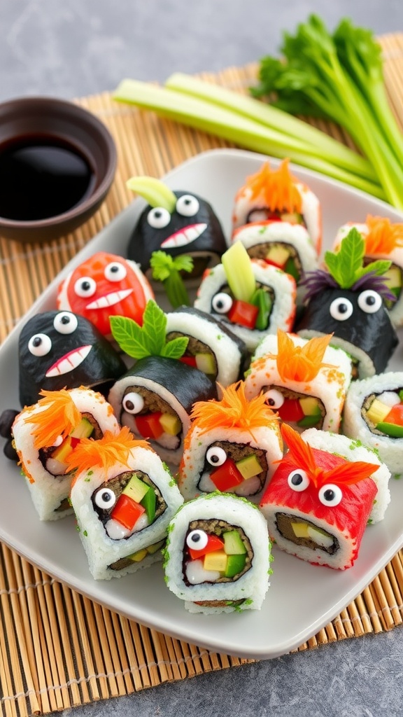 Colorful sushi monster rolls with edible eyes and vegetables on a platter, served with soy sauce.